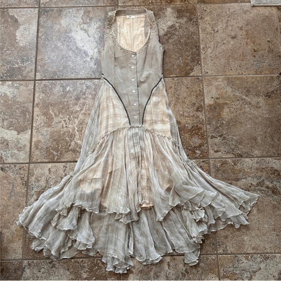 June Dresses & Skirts - June Beige Button Up Bodice Layered High Low Ruffled 100% Leather Silk Dress - 4